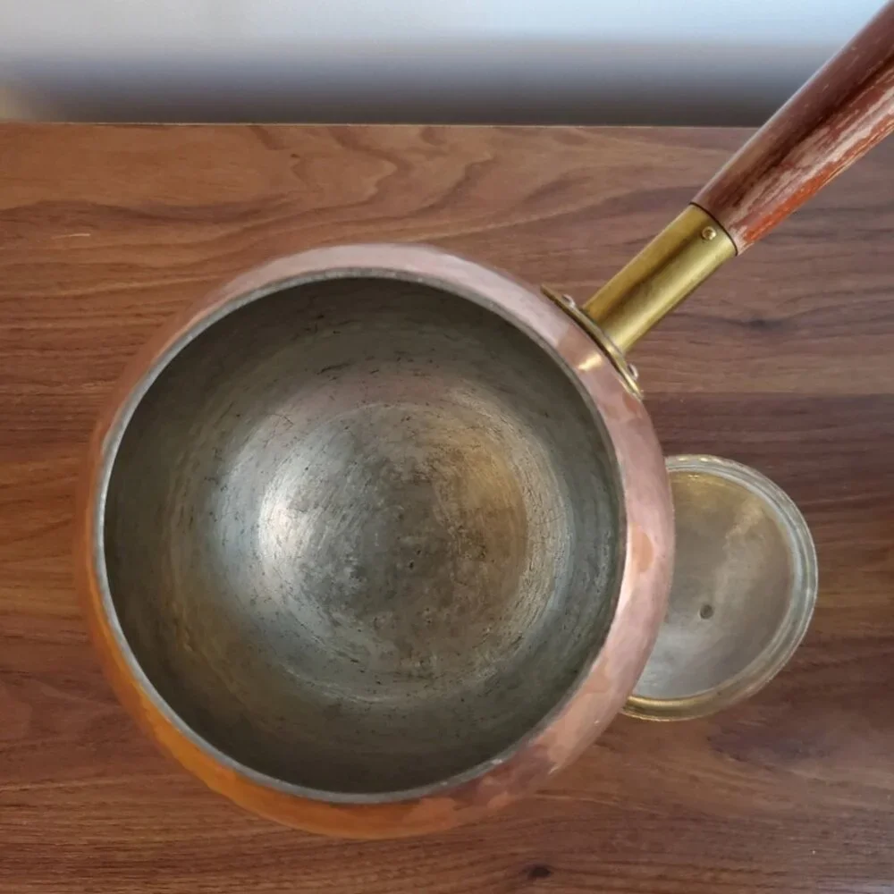 Hammered copper fondue pot Saucier and brass warmer two tone inMeersburg Germany